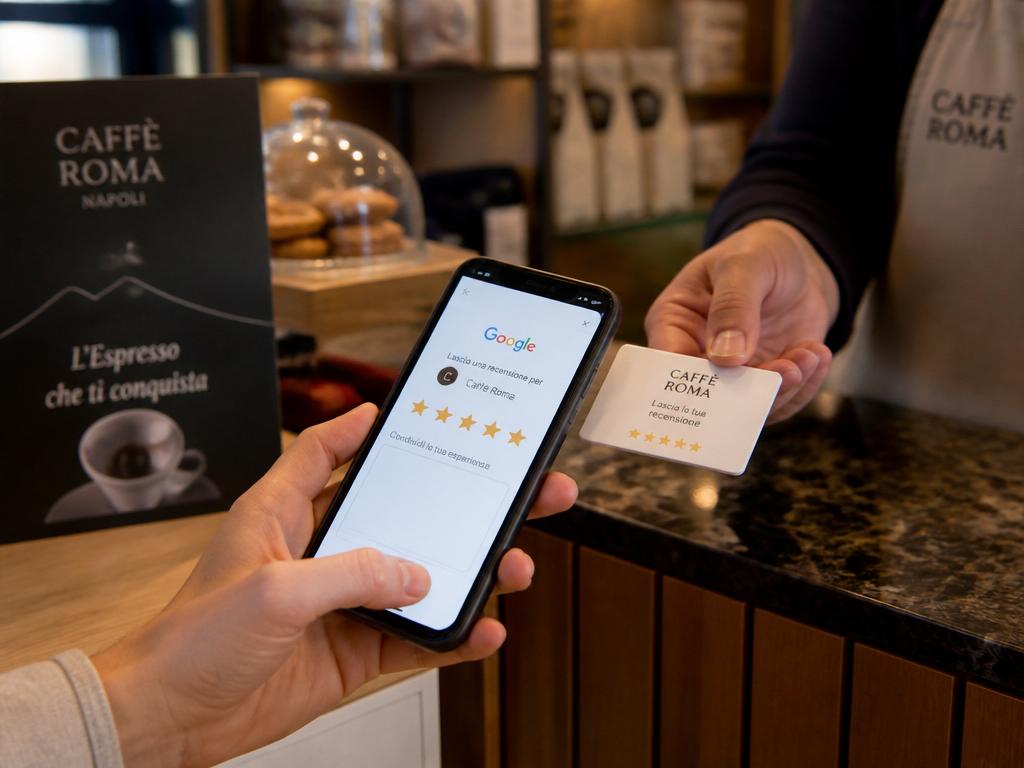Cliente che avvicina il telefono alla card NFC al bancone